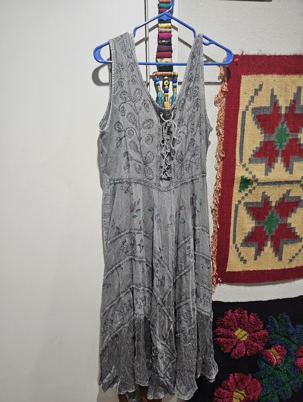 Vintage Sakkas Grey Embroidered Lace-Up Maxi Dress L/XL